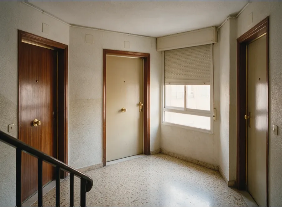Rellano de una comunidad de vecinos de Coslada con persianas iguales en cada vivienda